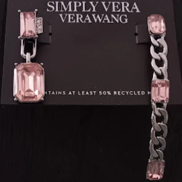 VERA WANG Rocker Chic Gunmetal Chain Pink/Clear Crystal Mismatch Drop Earrings - Picture 1 of 3